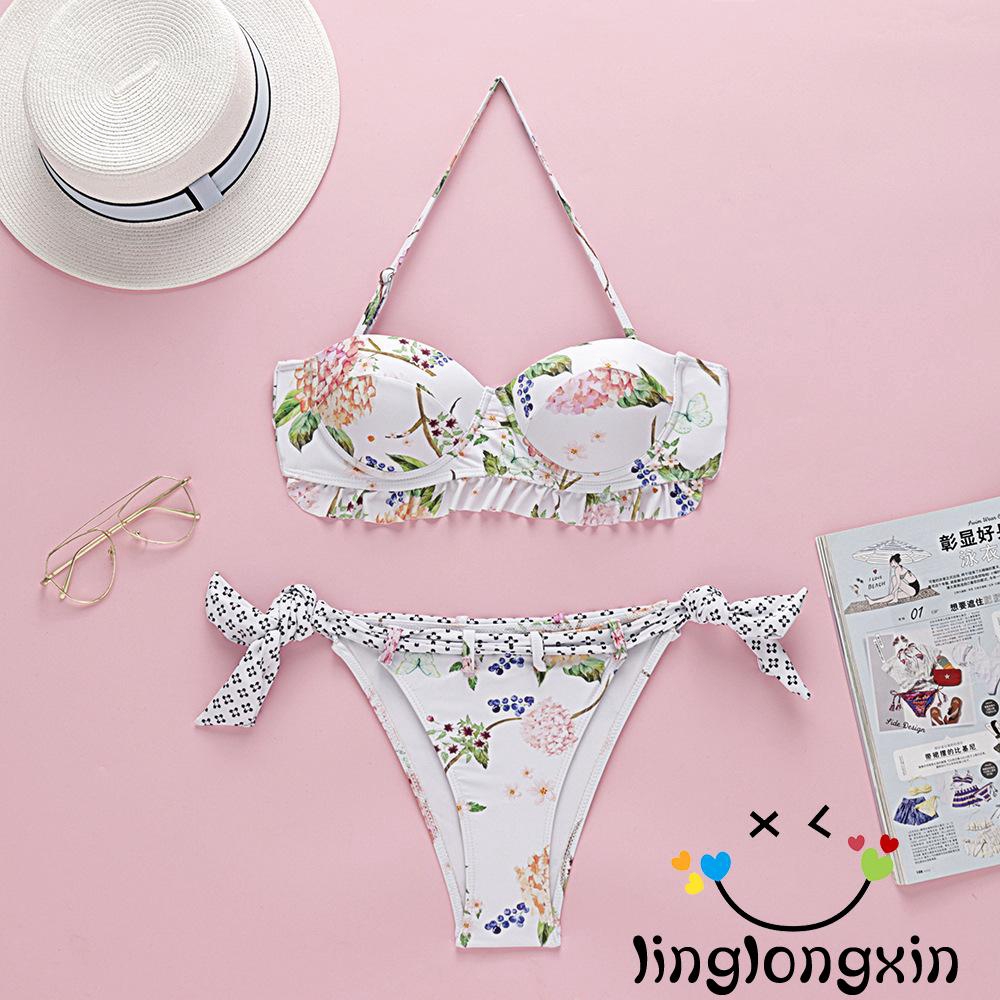 ❥A-❥-Women Floral Print Swimsuit Strap Top Thong Bikini Set | BigBuy360 - bigbuy360.vn