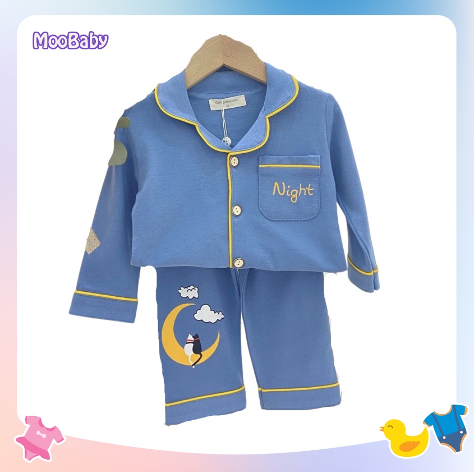 Đồ Bộ Pijama Mặt Trăng Dài Tay Cho Bé Gái Chất Đũi Cao Cấp, Bộ Đồ Ngủ Night Cực Xinh Cho Bé Từ 6-28Kg- MOOBABY SHOP