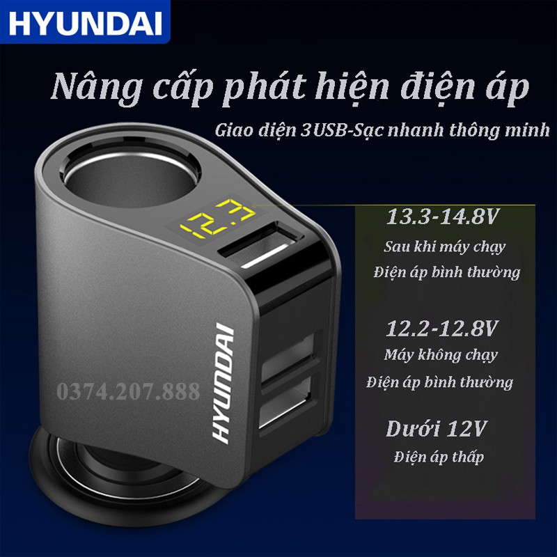 Tẩu Sạc Ô Tô, Tẩu Sạc Hyundai 1 Tẩu Tròn, 3 USB Nhỏ, Có Đèn Báo Điện Áp Ác Quy, Chăm Sóc Ô Tô COCA.T