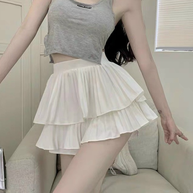 Chân váy xếp ly ngắn 2 tầng xòe kèm quần bên trong hàng Quảng Châu màu trắng đen nâu