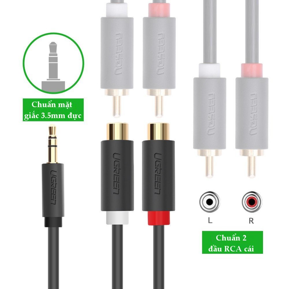 Dây chuyển đổi 3.5mm đực sang 2 đầu RCA cái dài 25CM màu đen UGREEN AV109 10547