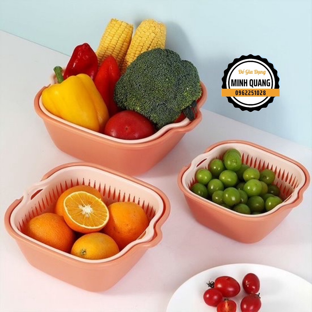 Bộ Thau Rổ 2 Lớp Vuông Nhựa Việt Nhật 6 Món, Bộ Rổ Kèm Chậu 2 in 1 Hứng Nước Rau Củ Quả