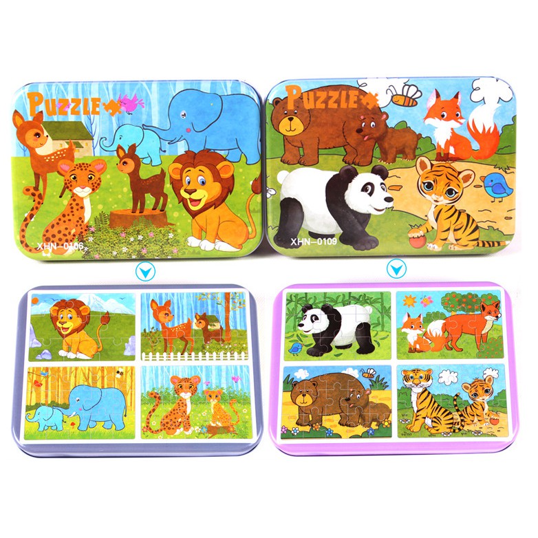 Đồ chơi bộ ghép hình Puzzle 4 cấp độ hộp sắt 9-12-15-20 miếng cho bé