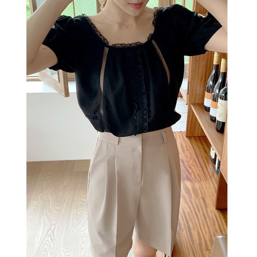 Áo kiểu tay ngắn phối ren màu sắc ngọt ngào phong cách Hàn Quốc cho nữ 44027