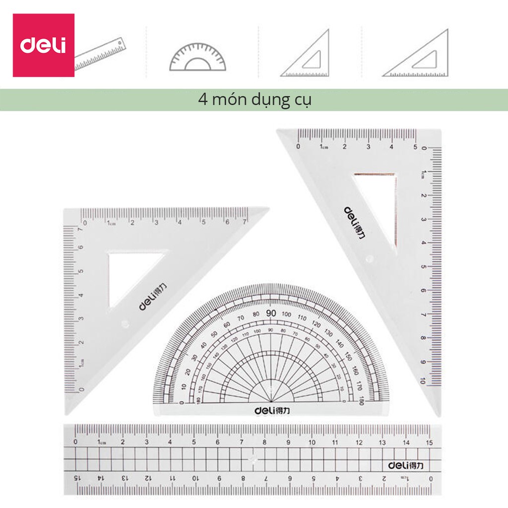 Bộ 4 dụng cụ Eke học sinh Deli, thước kẻ, thước đo độ, thước tam giác - 71988 (Hàng chính hãng)