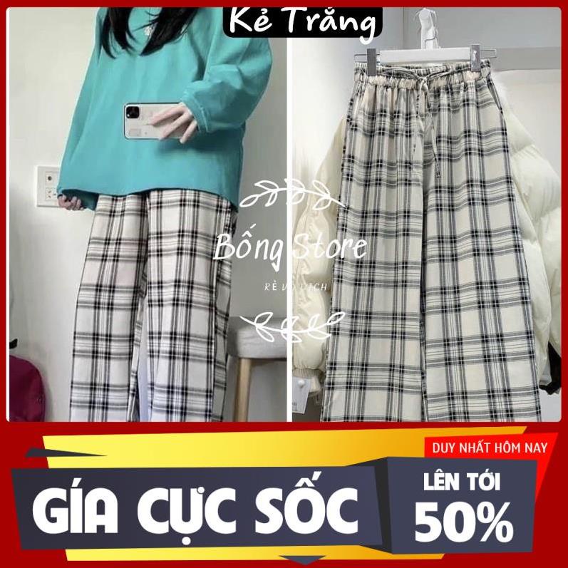 Quần Kẻ Nữ Cạp Chun Caro Lưng Cao Dáng Rộng Ống Suông ulzzang full màu hot Bống Store