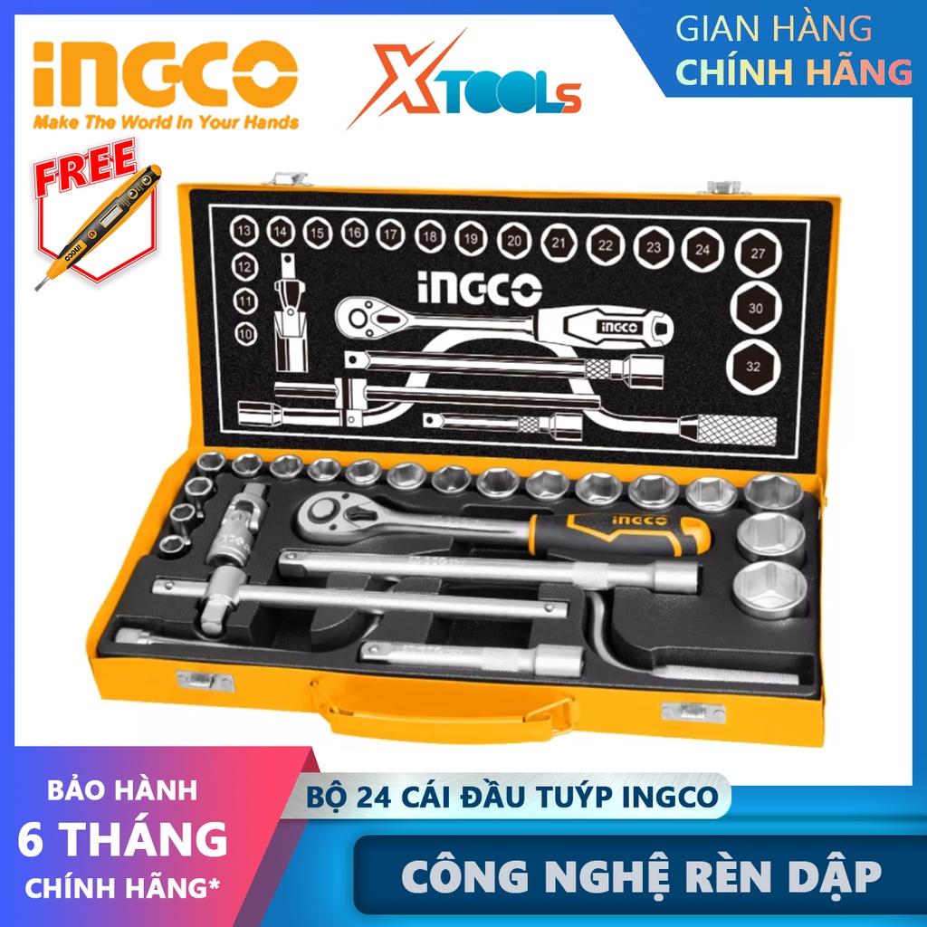 Bộ tuýp 24 chi tiết INGCO HKTS0243 | Bộ 24 cái đầu tuýp, cần siết 1/2'', dụng cụ sửa xe, gồm 18 đầu tuýp 2 cần nối 5″ và