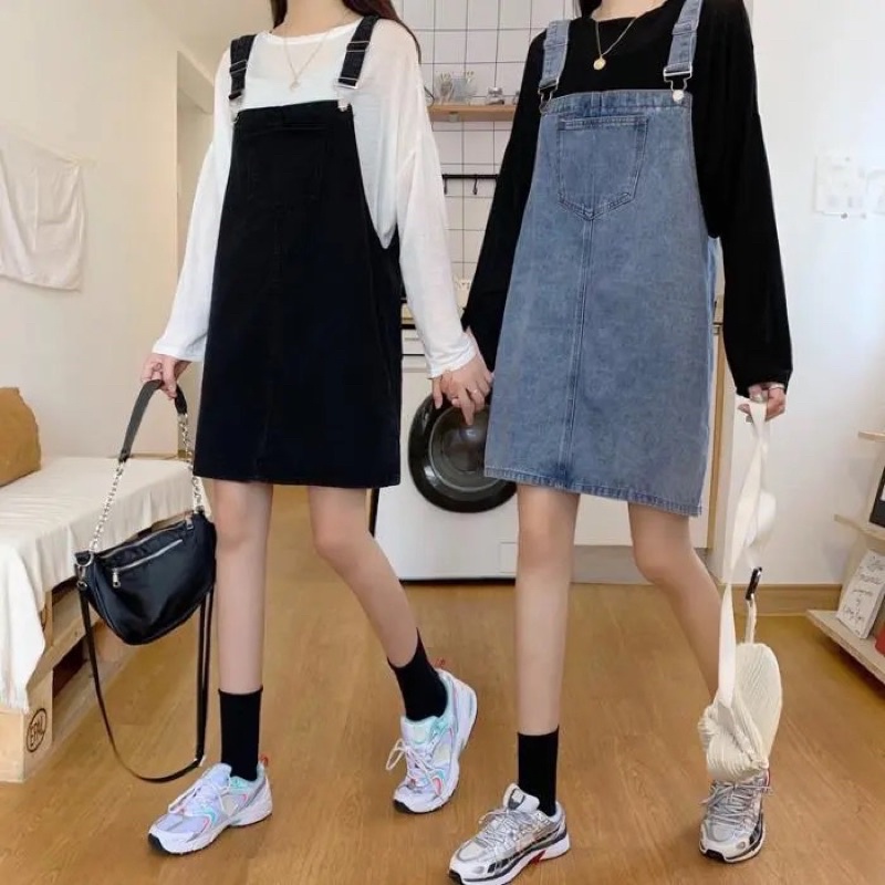 Váy Yếm Jean Nữ Màu Xanh Đen Có Túi Điều Chỉnh Dây Chất Bò Jean Loại 1 Phom Suông Phong Cách Ulzzang Basic Mặc Hàng Ngày