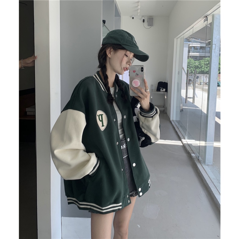Áo Khoác Bomber Nữ Vải Dạ Nỉ - Áo Khoác Bóng Chày Nữ Màu Xanh/Hồng (Hàng Order)
