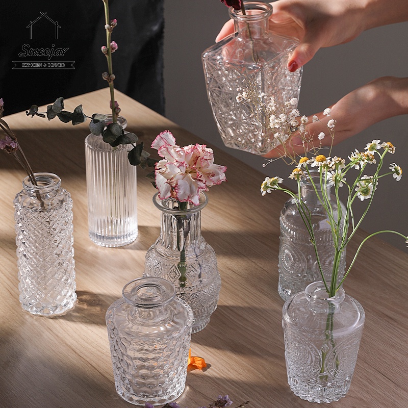 SWEEJAR Lọ hoa thủy tinh dập nổi phong cách châu Âu trang trí nhà cửa