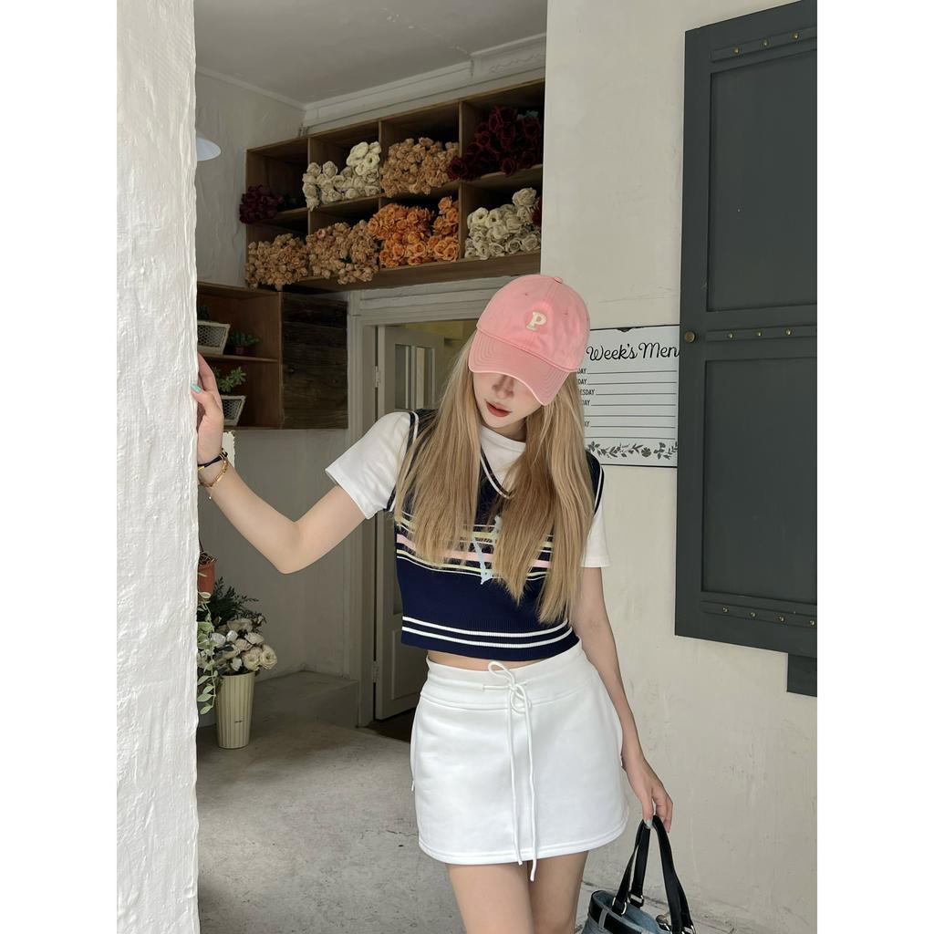 QKOOLE Áo Thun Ngắn Tay Giả Hai Lớp Phong Cách Preppy Cho Nữ