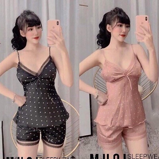 Bộ ngủ lụa chấm bi (quần và áo)