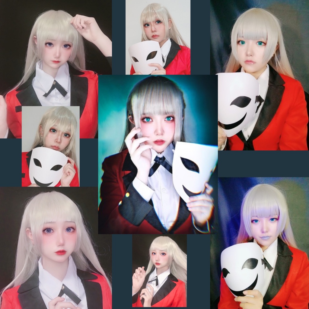 Wig/tóc giả màu xám cosplay Ririka Momobami Kakegurui học viện đỏ đen cờ bạc