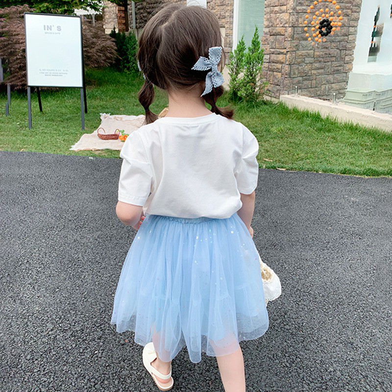 Set Áo Thun Tay Ngắn In Họa Tiết Hoạt Hình + Chân Váy Lưới Phong Cách Hàn Quốc Cho Bé Gái