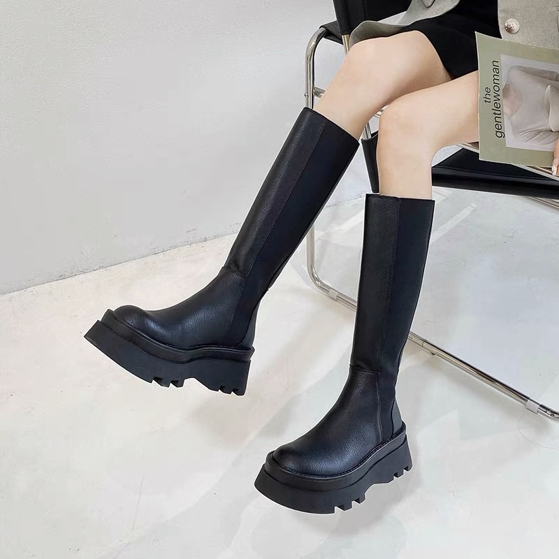 Bốt da cao cổ phối chun