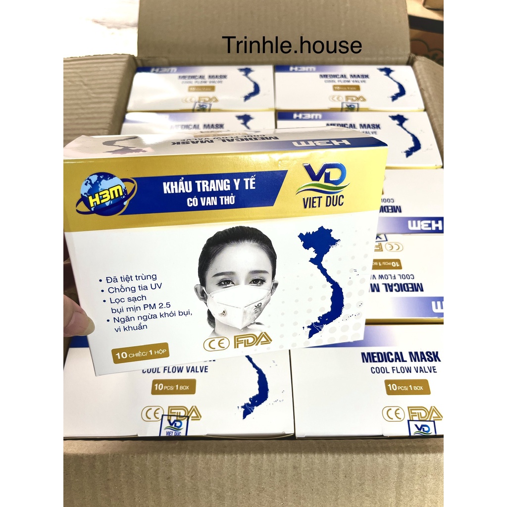 Khẩu trang n95 có van Việt Đức màu xám, trắng 5 lớp lọc bụi mịn- hộp 10 cái- tân bình