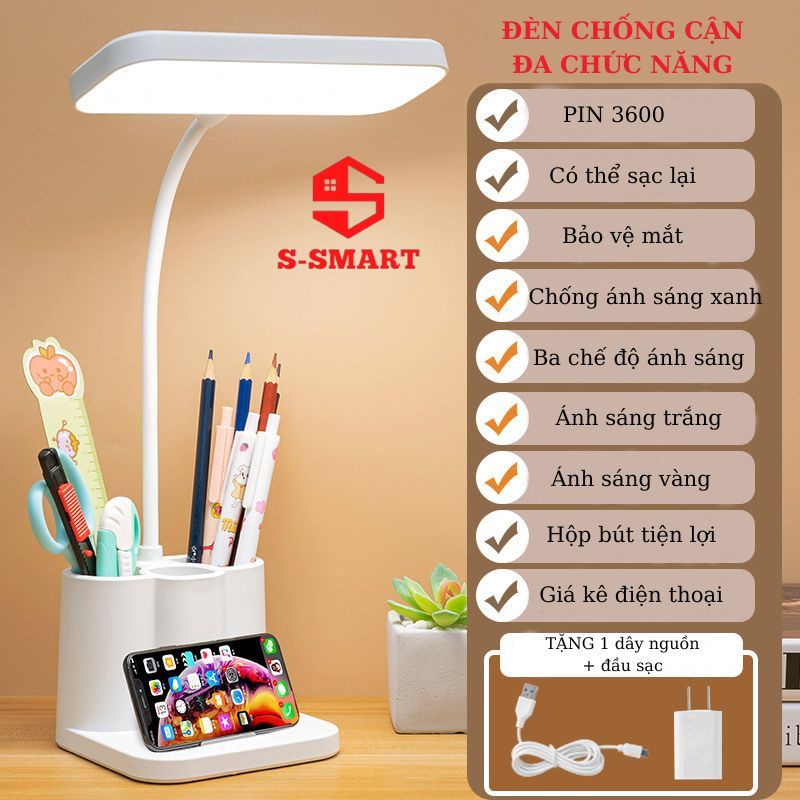 Đèn học chống cận, đèn đọc sách đầu giường, 3 chế độ sáng, ánh sáng tự nhiên, ánh sáng vàng, tặng dây sạc