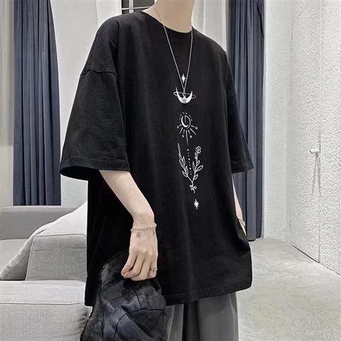 Áo thun tay ngắn dáng rộng in họa tiết hoa cỏ mặt trăng size M-5XL thời trang dành cho nam và nữ