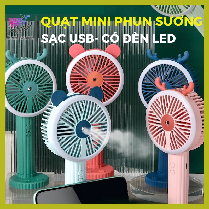 Quạt Cầm Tay Phun Sương Mini Tích Điện Có Đèn Led Và Sạc USB Tiện Lợi
