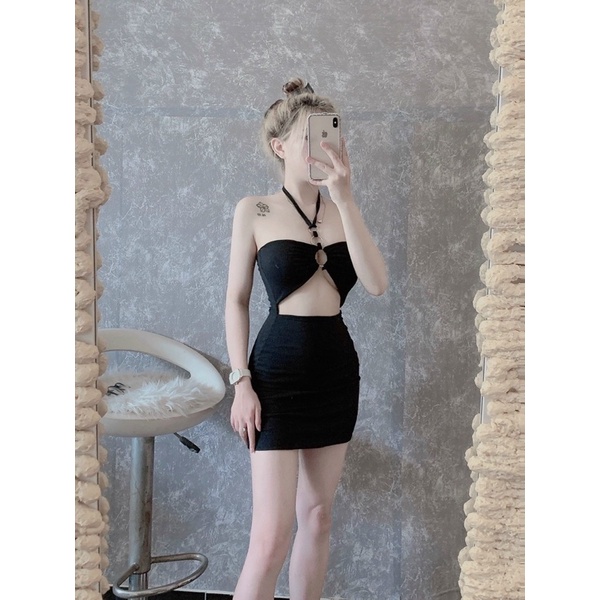 [FREESHIP] [Sẵn mút ngực] Đầm mini nữ ôm body phối khoen kim loại cột cổ hở ngực nhiều màu