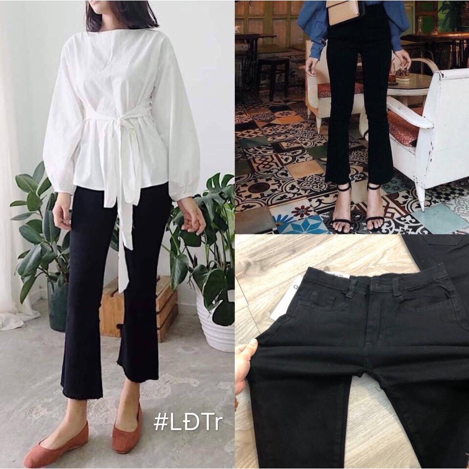 quần jean nữ dài lưng cao ống loe màu đen tua JOL01