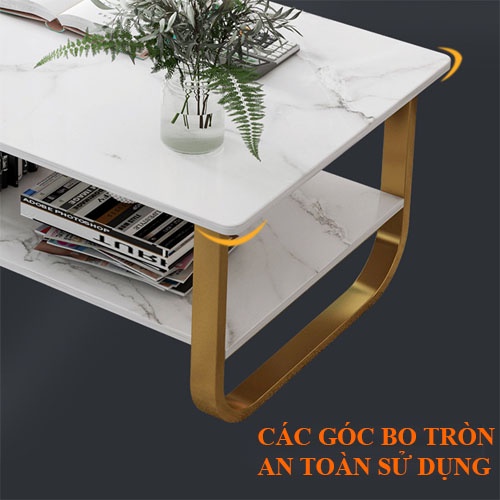 Bàn Trà Sofa Gỗ Họa Tiết Cẩm Thạch,Bàn Sofa 2 Tầng, Mặt Gỗ Chân Thép Tĩnh Điện,