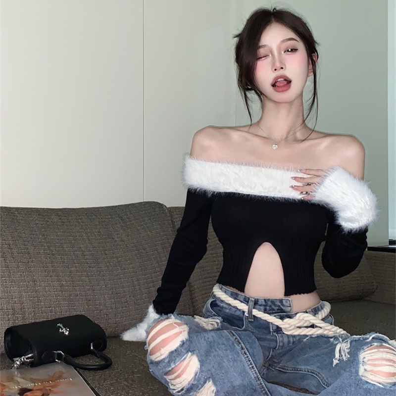 Áo Dệt Kim Tay Dài Trễ Vai Thiết Kế Xẻ Quyến Rũ