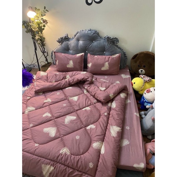 Bộ 5 món chăn phao  cotton, chăn ga gối poly cotton chăn kích thước m8x2m ga vừa cho đệm 10cm