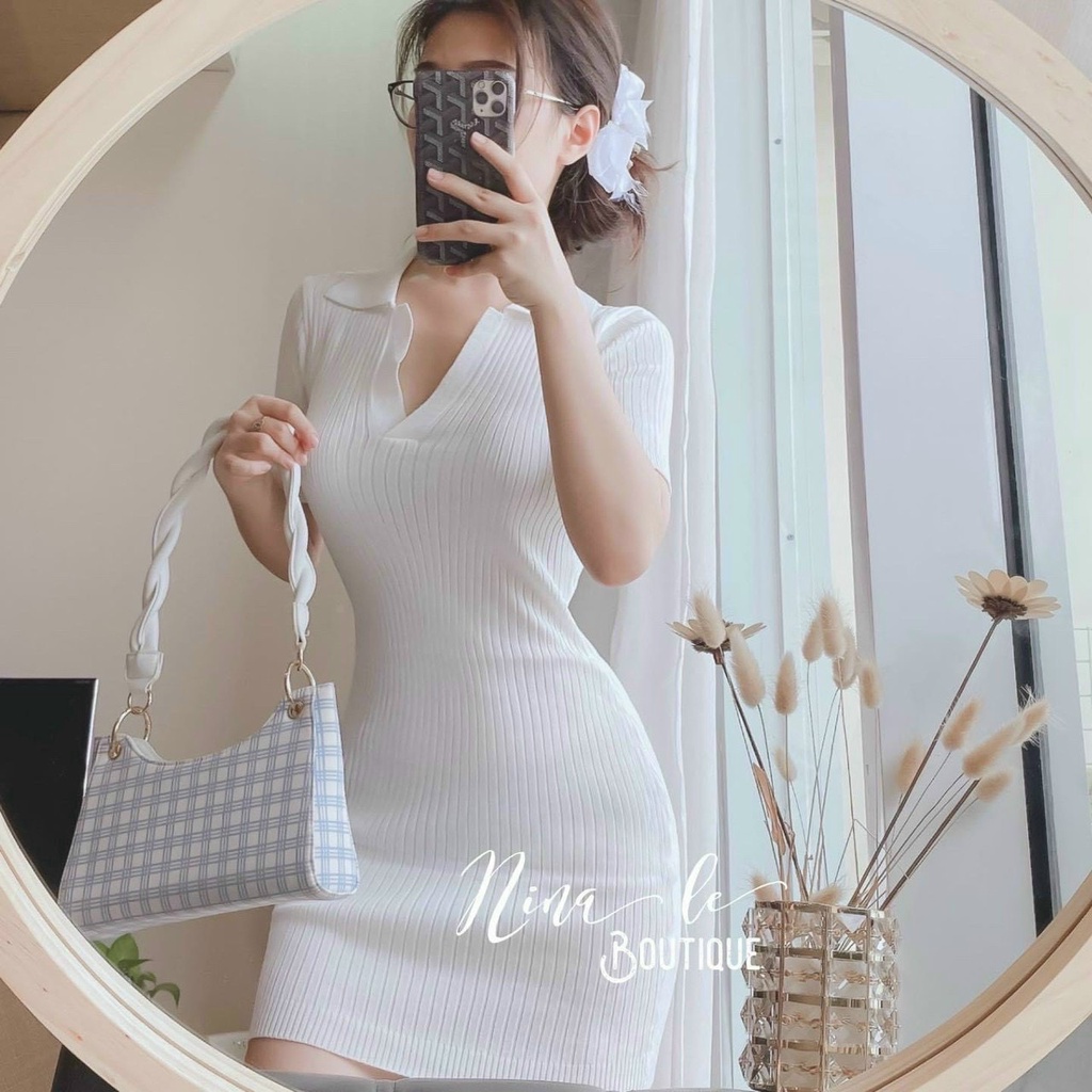 Váy body len mongtogi cổ bẻ polo sexy, đầm body len xốp cộc tay ôm siêu tôn dáng nhiều màu hàng Quảng Châu