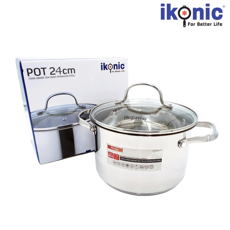 Nồi Inox có nắp kính IKONIC IK55 Siêu bền Inox 304 18/10 chống ăn mòan, đáy nồi 5 lớp dùng cho mọi loại bếp, quai đinh