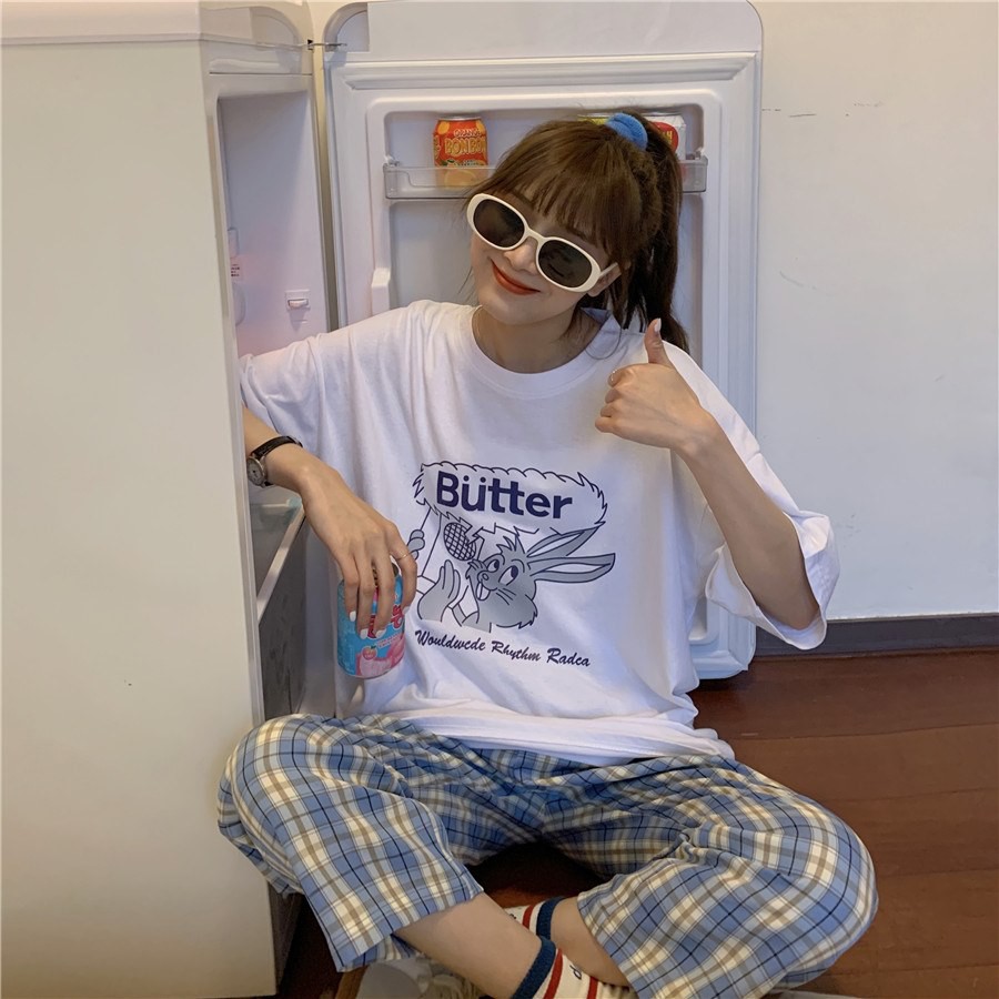 Set áo phông Butter + quần kẻ xanh HARI0321