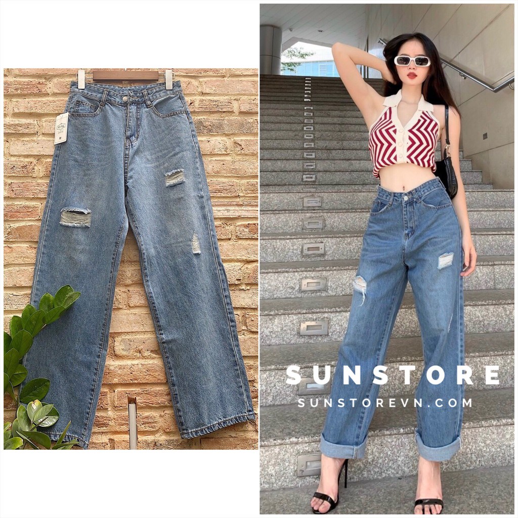 Quần jeans culottes xanh rách nhẹ jiino culottes jeans