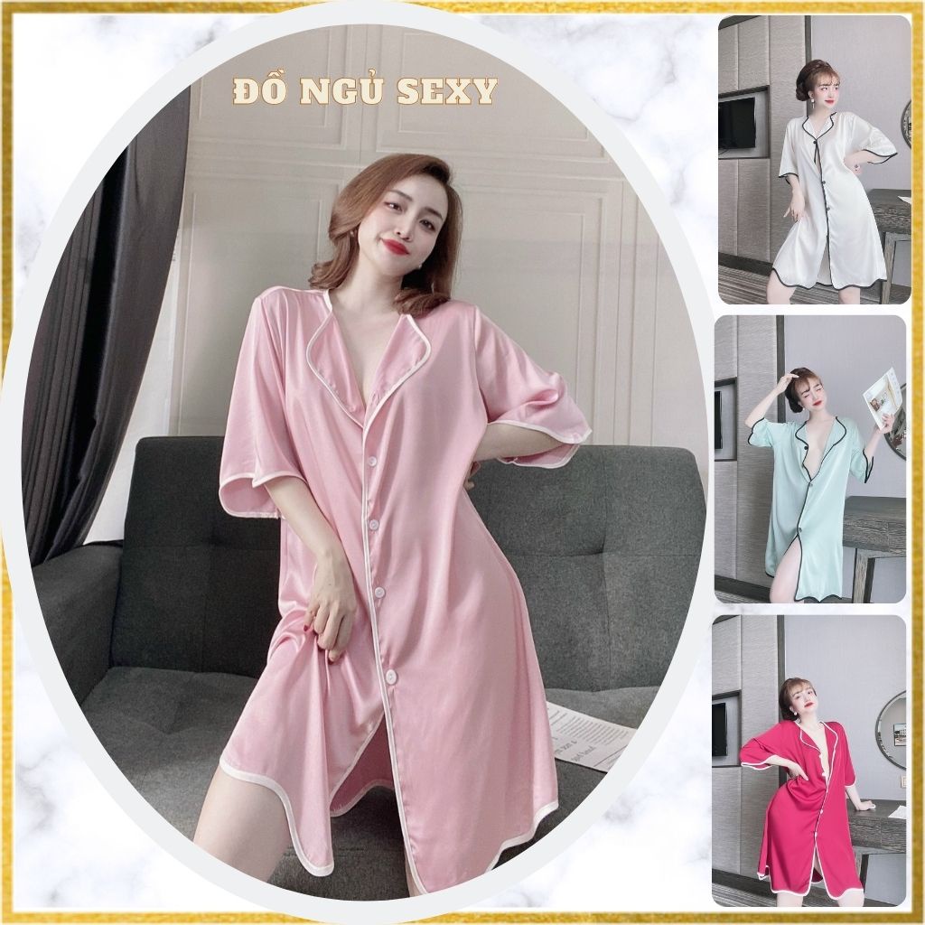 Set Váy Ngủ Sexy Nữ Kèm Quần Đầm Ngủ Sơ Mi Gợn Sóng Chất Lụa Satin Mềm Mịn Màu Sắc Tươi Trẻ BIGSIZE