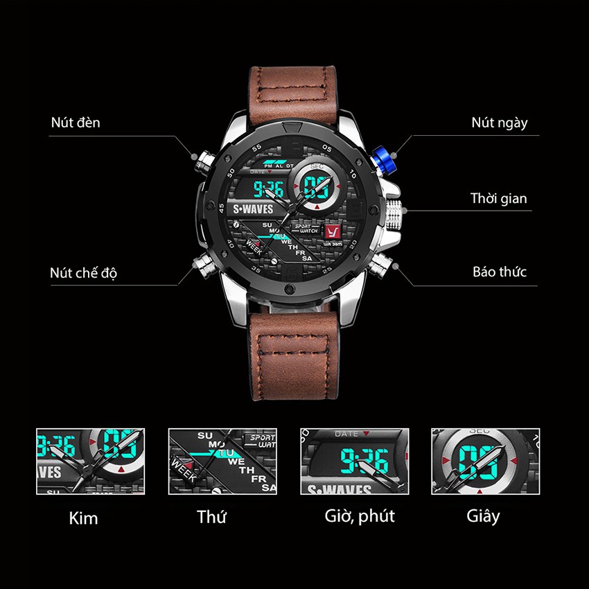 Đồng Hồ Nam Swave Thể Thao Nam Tính, Hiển Thị 2 Mặt Kim Điện Tử Song Song, Dây Da Mặt Kính Sapphire Cao Cấp | BigBuy360 - bigbuy360.vn