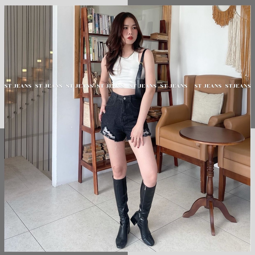 [Mã FAMARAL2 giảm 10K đơn 50K] Quân Jeans Short Nữ Rách Kiểu Lưng Cao Màu Xanh,Đen Shop MaiKa Jeans