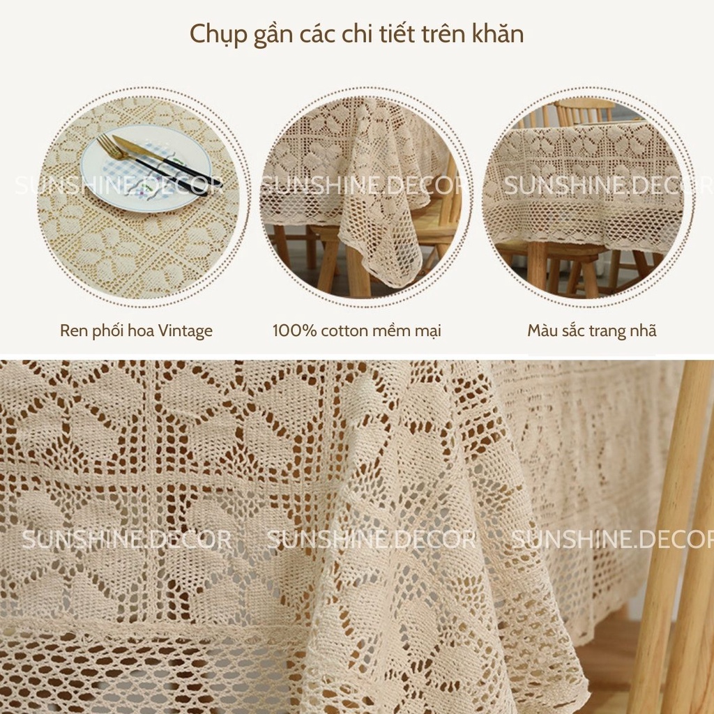 Khăn trải bàn ren Vintage phối hoa chất liệu cotton phong cách trang nhã cổ điển-Cotton3