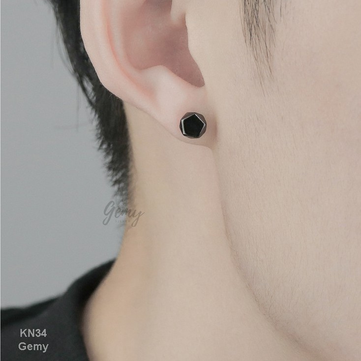 Bông tai, Khuyên tai nam bạc 925 cao cấp Lục Lăng mặt đá đen hoặc trắng đơn giản, unisex KN34 (1 chiếc)| GEMY SILVER