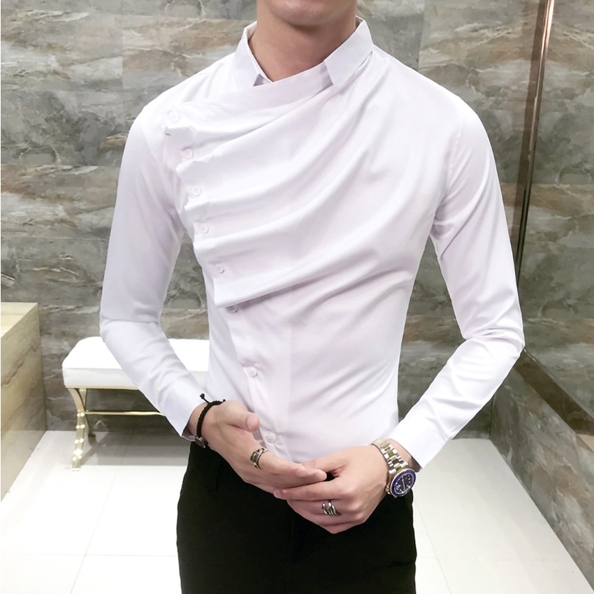 Áo sơ mi nam. Sơ mi nam cúc chéo,cổ Gấp lượn sóng trước Ngực tạo điểm nhấn Độc đáo, sang trọng H28
