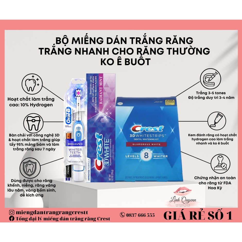 Miếng dán trắng răng Crest 3D White Glamorous &amp; Kem đánh trắng răng Radiant và Bàn chải - Combo trắng nhanh răng thường