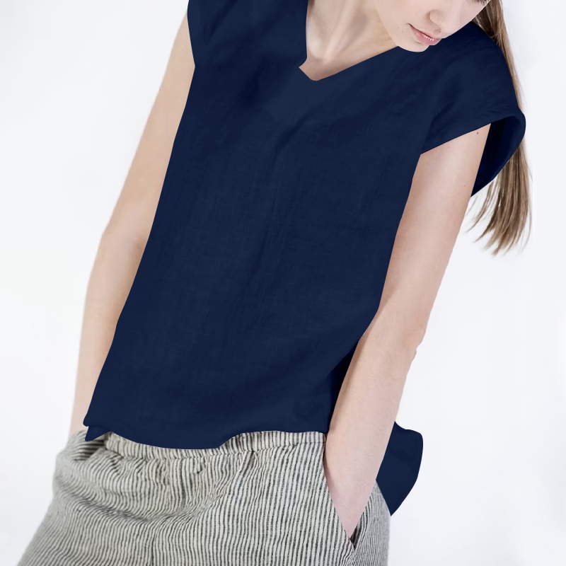 Áo nữ ZANZEA tay ngắn cổ V màu trơn đơn giản thời trang