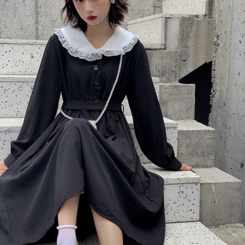 Đầm tay dài cổ búp bê phối màu tương phản phong cách Hàn Quốc thời trang mùa xuân thu 2020 cho nữ