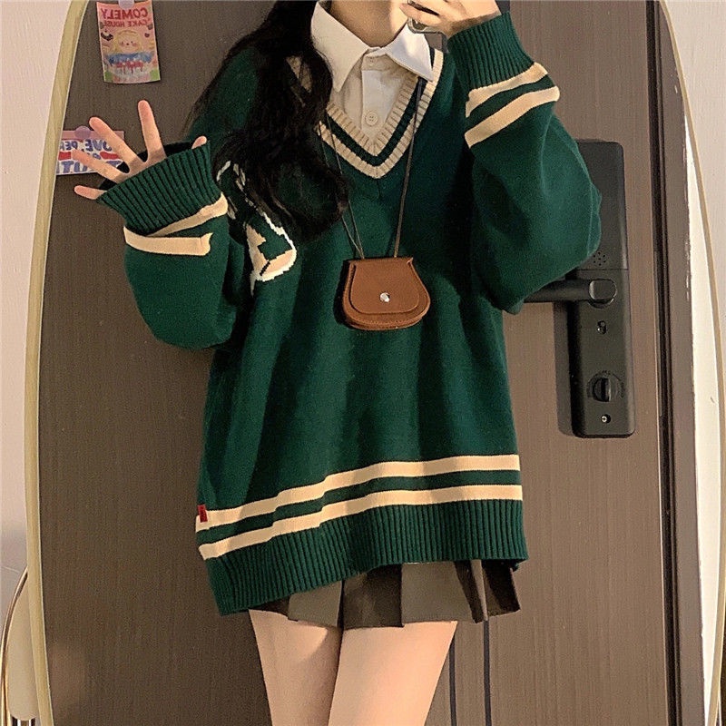 Áo sweater COZOKC dệt kim tay dài dáng rộng cổ chữ V phối màu tương phản phong cách Hàn Quốc
