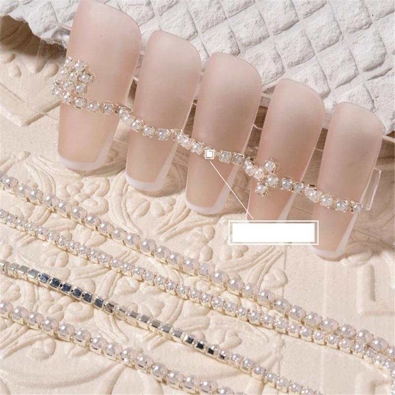 Phụ kiện dây xích kim loại đính ngọc trai 3D trang trí móng tay thời trang tùy chọn kiểu dáng DIY