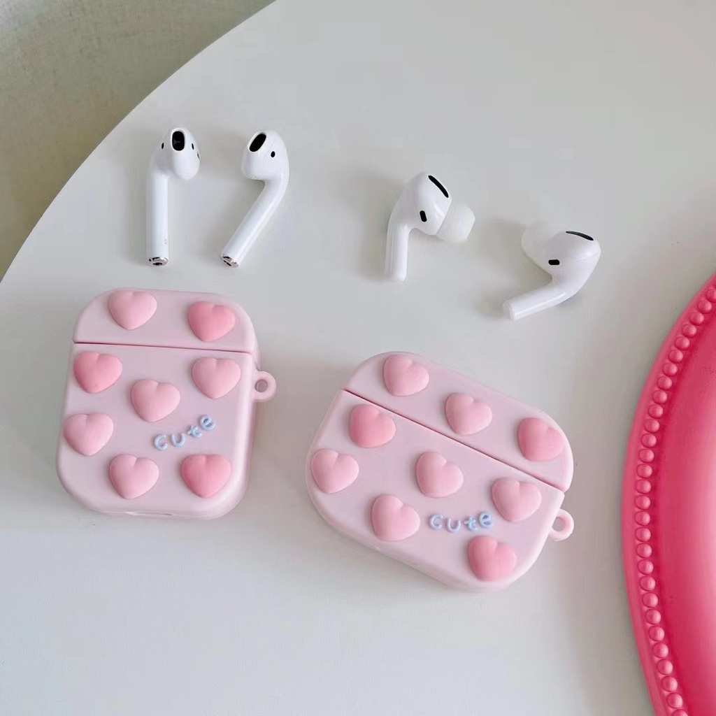 Vỏ Bảo Vệ Hộp Sạc Tai Nghe airpods Pro 1 / 2 / 3 Bằng Silicon Hình Trái Tim Màu Hồng Dễ Thương