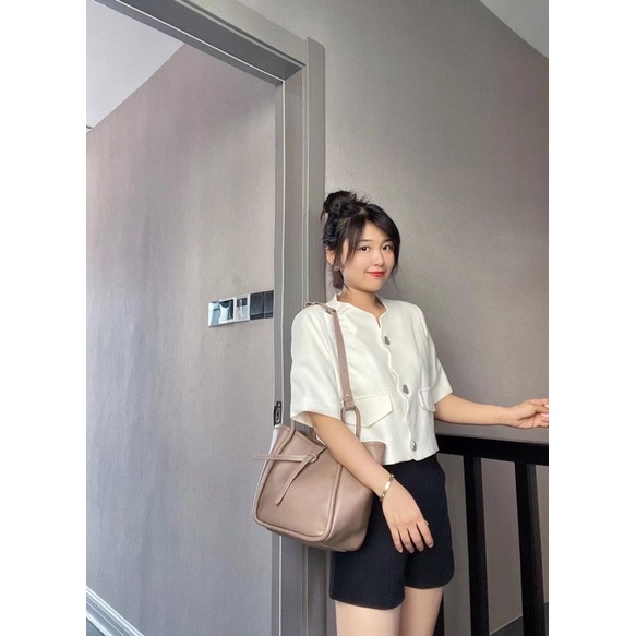 TNS-Túi bucket xách tay  leather bucket bag--tone nâu tỉramisu sang trọng