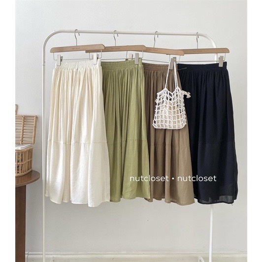Chân váy midi tơ nhăn dáng dài công chúa bồng bềnh chuzme