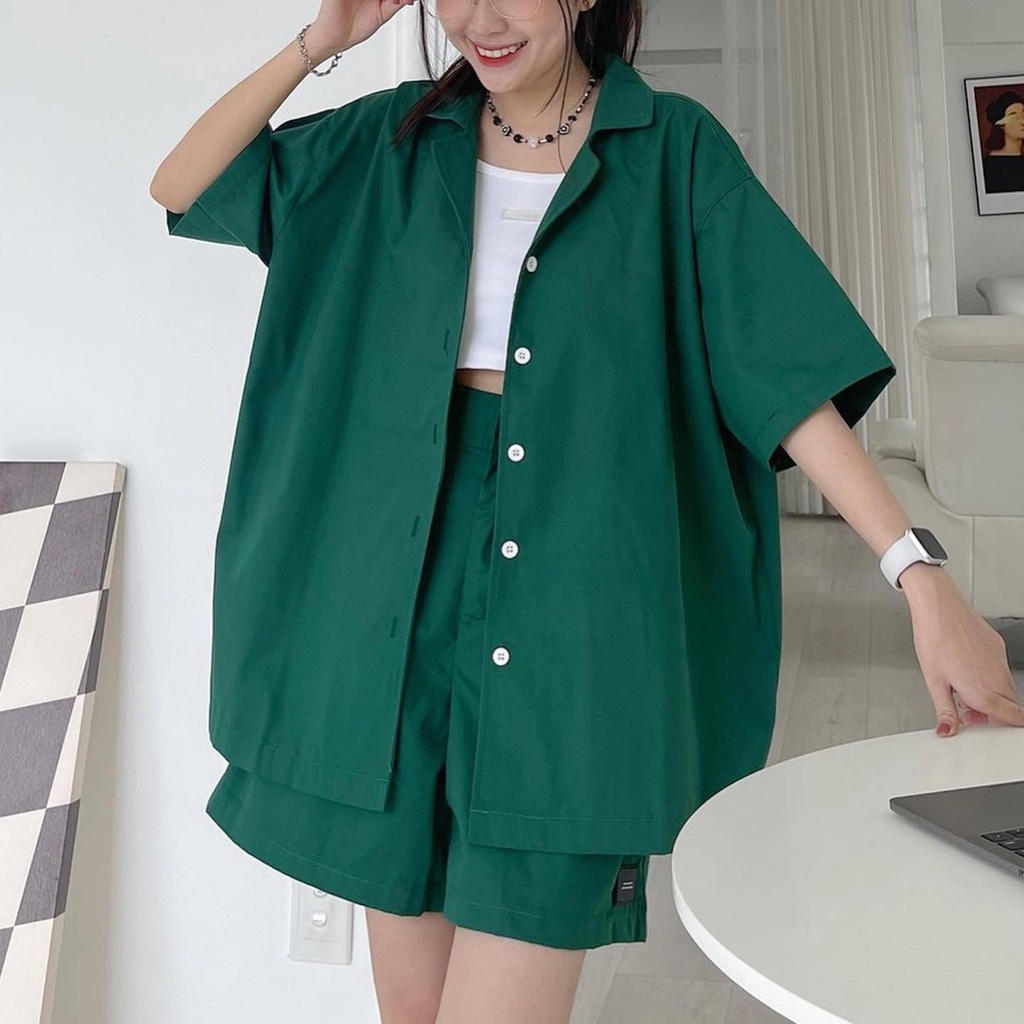 Set Bộ Nữ Đi Chơi JEM CLOSET Sơ Mi Tay Ngắn Phối Quần Short Ống Rộng Lưng Cao PRIM 8142