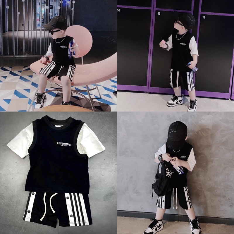 Bộ short phối tay ESSENTIALS bé trai-đen