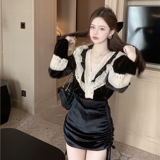 French velvet shirt female designer minority lace spliced shirt autumn and winter black chic v collar blouse