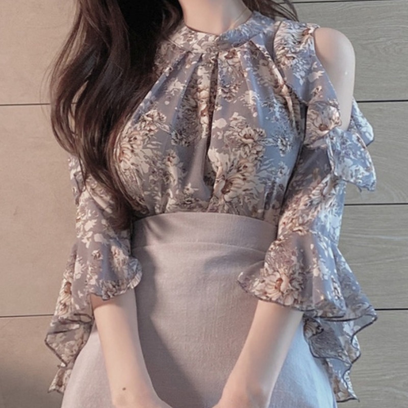 Áo Hoa Tay Loe 168550 Áo Chiffon Trễ Vai Dáng Rộng Phong Cách Phương Tây Thời Trang Cho Nữ